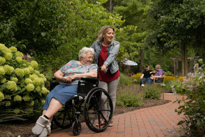 Assisted Living Resident on a Walk Outdoors in North Riverside, Illinois